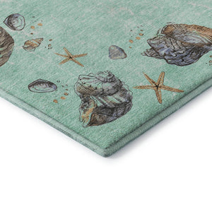 HomeRoots 8' Modern Coastal Geometric Washable Round Rug in Green, Light Blue & Beige - Durable & UV Protected 646064