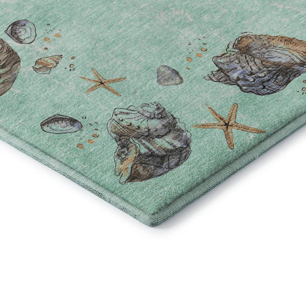 HomeRoots 8' Modern Coastal Geometric Washable Round Rug in Green, Light Blue & Beige - Durable & UV Protected 646064