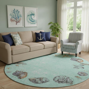 HomeRoots 8' Modern Coastal Geometric Washable Round Rug in Green, Light Blue & Beige - Durable & UV Protected 646064