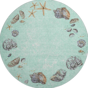 HomeRoots 8' Modern Coastal Geometric Washable Round Rug in Green, Light Blue & Beige - Durable & UV Protected 646064