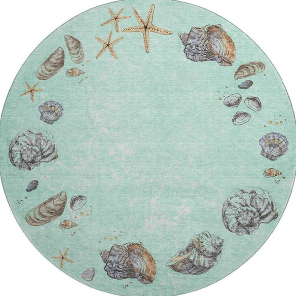 HomeRoots 8' Modern Coastal Geometric Washable Round Rug in Green, Light Blue & Beige - Durable & UV Protected 646064