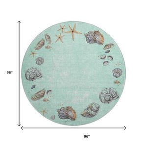 HomeRoots 8' Modern Coastal Geometric Washable Round Rug in Green, Light Blue & Beige - Durable & UV Protected 646064
