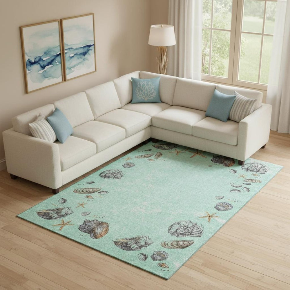 HomeRoots 8' X 10' Coastal Geometric Washable Area Rug – UV Protected, Stain Resistant, Perfect for Busy Homes! 646065