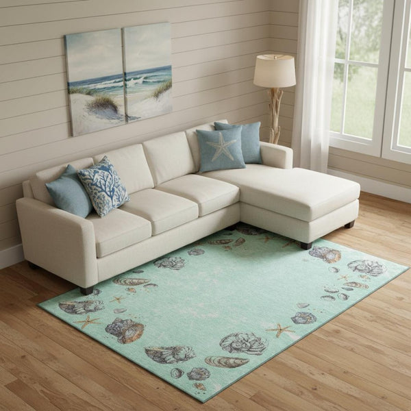 HomeRoots 9' Geometric Washable Area Rug in Green, Light Blue & Beige - UV Protected for High-Traffic Spaces 646066