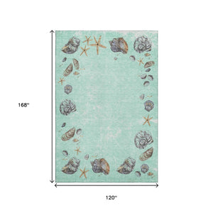 HomeRoots 10' Coastal Geometric Washable Area Rug in Green, Light Blue & Beige - UV Protected & Durable Design 646067