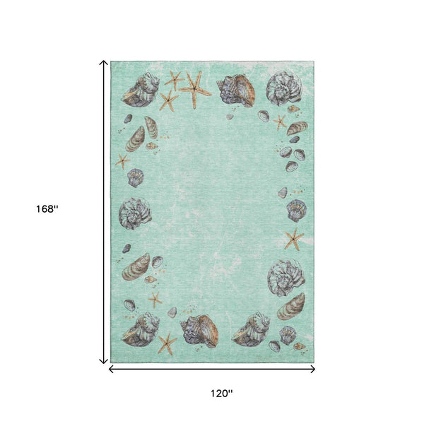 HomeRoots 10' Coastal Geometric Washable Area Rug in Green, Light Blue & Beige - UV Protected & Durable Design 646067