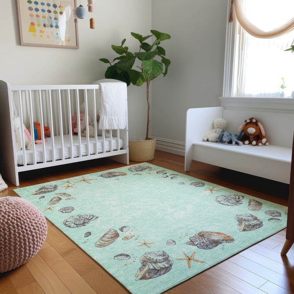 HomeRoots 10' Coastal Geometric Washable Area Rug in Green, Light Blue & Beige - UV Protected & Durable Design 646067