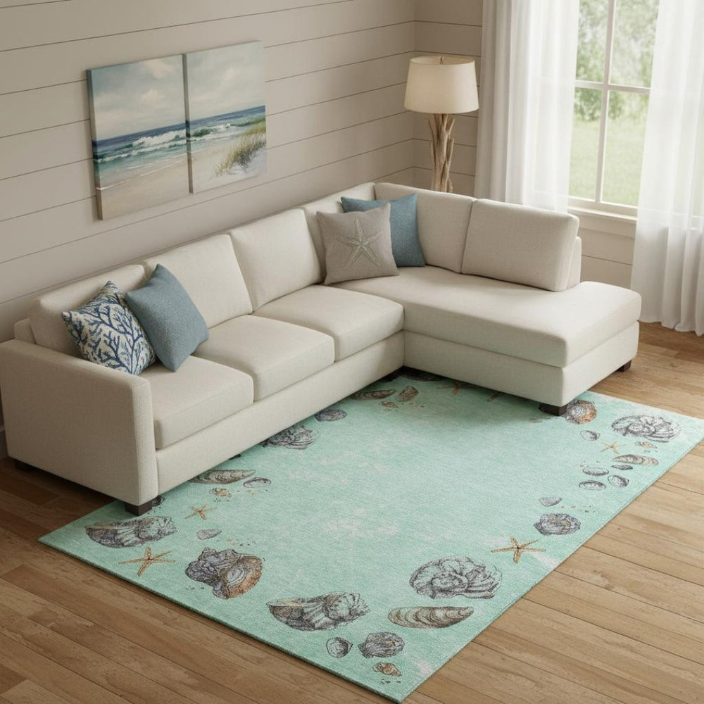 HomeRoots 10' Coastal Geometric Washable Area Rug in Green, Light Blue & Beige - UV Protected & Durable Design 646067