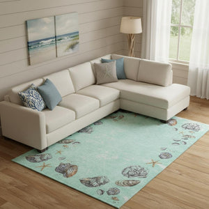 HomeRoots 10' Coastal Geometric Washable Area Rug in Green, Light Blue & Beige - UV Protected & Durable Design 646067