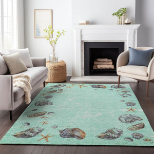 HomeRoots 10' Coastal Geometric Washable Area Rug in Green, Light Blue & Beige - UV Protected & Durable Design 646067