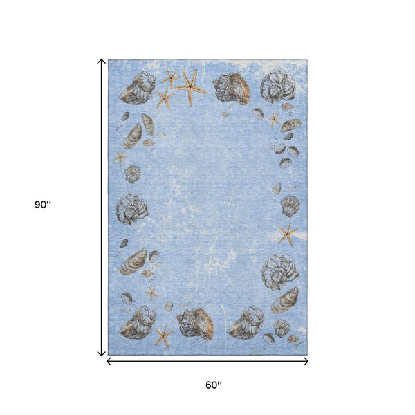 HomeRoots 5' X 8' Geometric Washable Area Rug in Blue, Brown & Ivory - Durable, Stain-Resistant, UV Protected! 646069