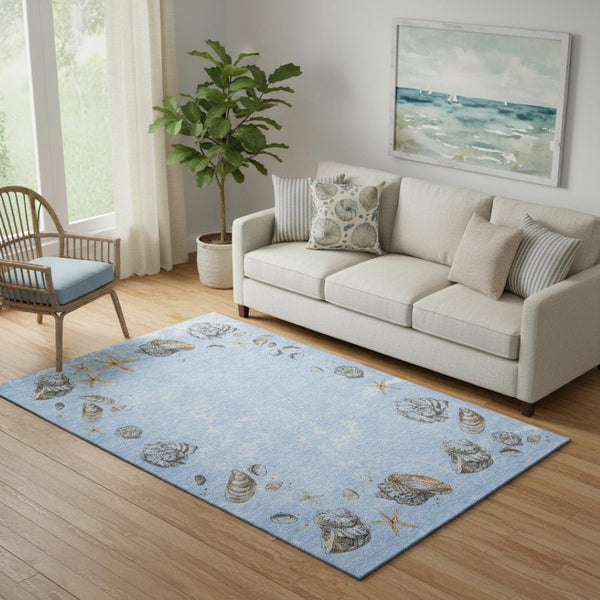 HomeRoots 5' X 8' Geometric Washable Area Rug in Blue, Brown & Ivory - Durable, Stain-Resistant, UV Protected! 646069