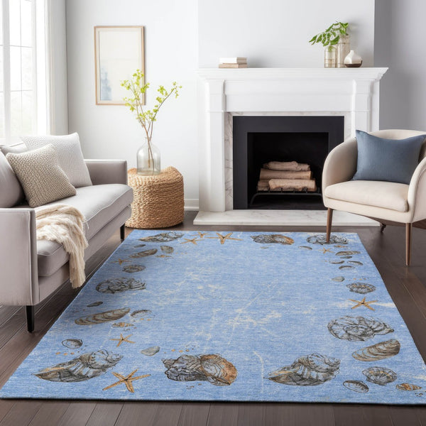 HomeRoots 5' X 8' Geometric Washable Area Rug in Blue, Brown & Ivory - Durable, Stain-Resistant, UV Protected! 646069