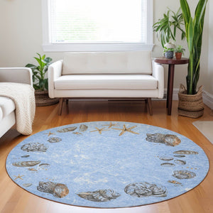 HomeRoots 8' Coastal-Inspired Washable Round Rug in Blue, Brown & Ivory - UV Protection & Stain Resistant Design 646070