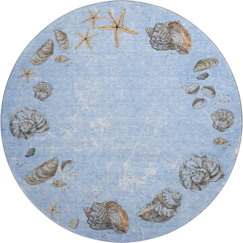 HomeRoots 8' Coastal-Inspired Washable Round Rug in Blue, Brown & Ivory - UV Protection & Stain Resistant Design 646070