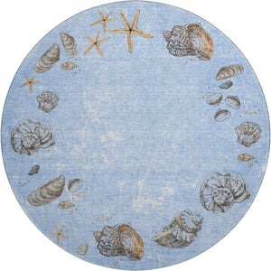 HomeRoots 8' Coastal-Inspired Washable Round Rug in Blue, Brown & Ivory - UV Protection & Stain Resistant Design 646070