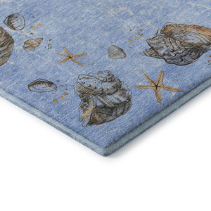 HomeRoots 8' Coastal-Inspired Washable Round Rug in Blue, Brown & Ivory - UV Protection & Stain Resistant Design 646070