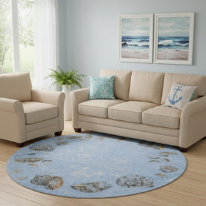HomeRoots 8' Coastal-Inspired Washable Round Rug in Blue, Brown & Ivory - UV Protection & Stain Resistant Design 646070