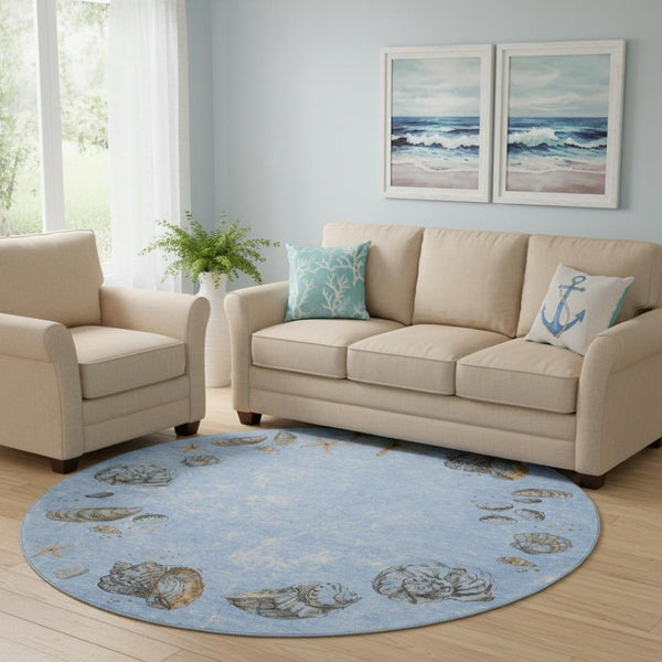 HomeRoots 8' Coastal-Inspired Washable Round Rug in Blue, Brown & Ivory - UV Protection & Stain Resistant Design 646070