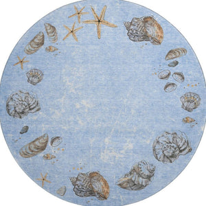 HomeRoots 8' Coastal-Inspired Washable Round Rug in Blue, Brown & Ivory - UV Protection & Stain Resistant Design 646070
