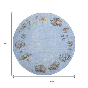 HomeRoots 8' Coastal-Inspired Washable Round Rug in Blue, Brown & Ivory - UV Protection & Stain Resistant Design 646070