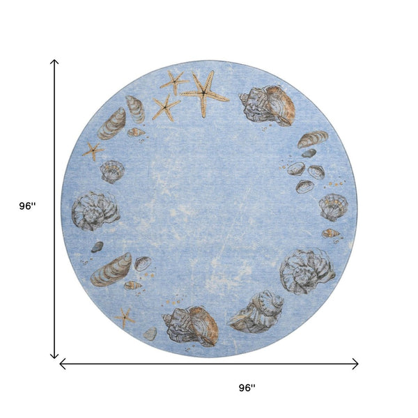 HomeRoots 8' Coastal-Inspired Washable Round Rug in Blue, Brown & Ivory - UV Protection & Stain Resistant Design 646070