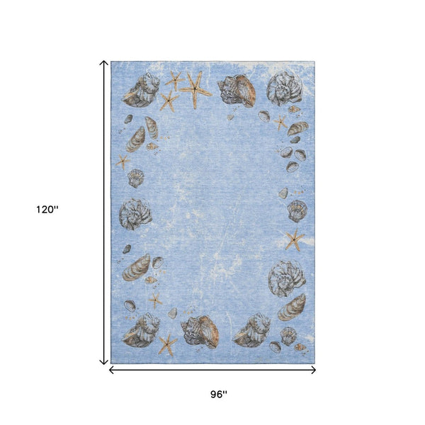 HomeRoots 8' X 10' Stylish Blue Brown Ivory Geometric Area Rug - Washable, UV Protected, Perfect for High-Traffic Spaces 646071
