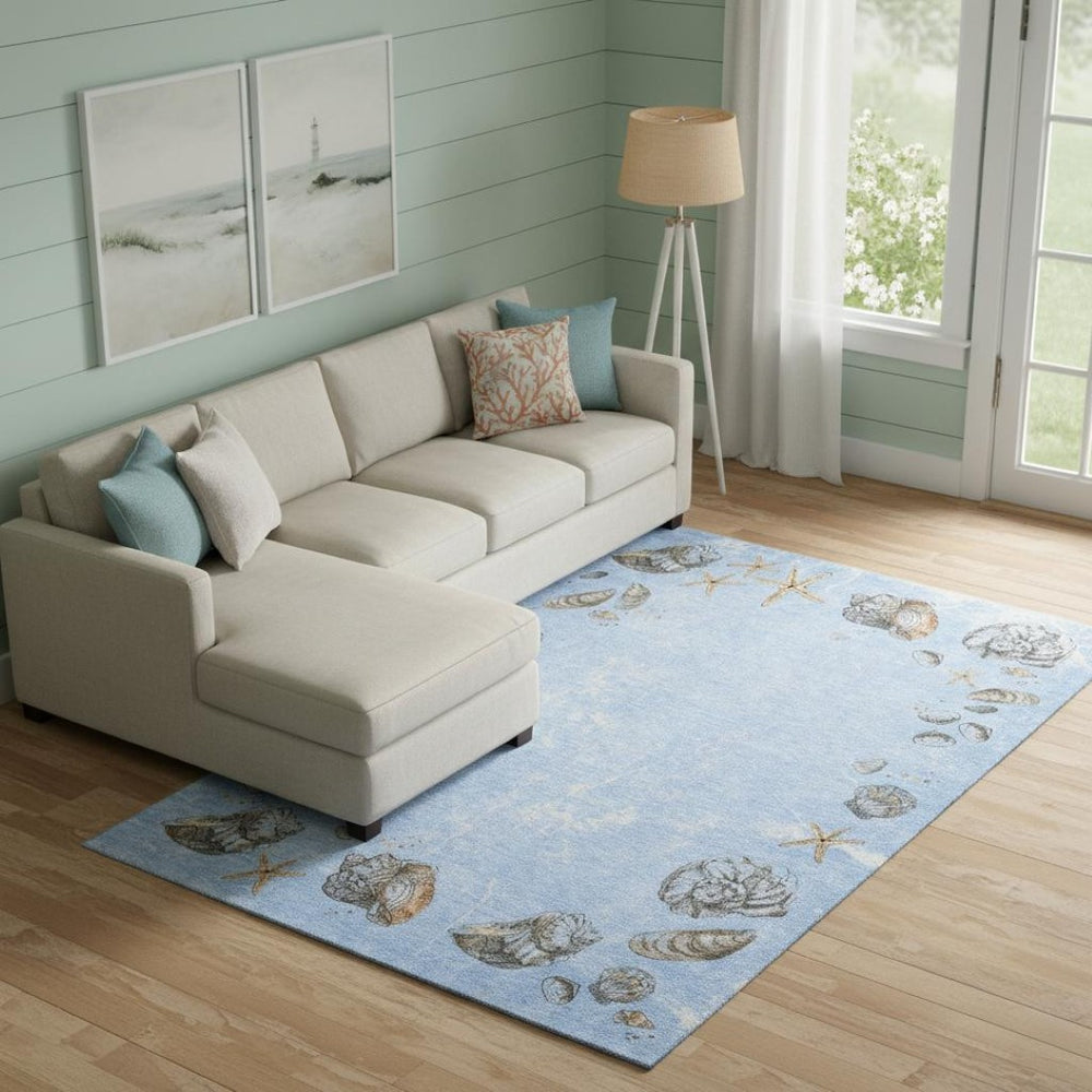 HomeRoots 8' X 10' Stylish Blue Brown Ivory Geometric Area Rug - Washable, UV Protected, Perfect for High-Traffic Spaces 646071