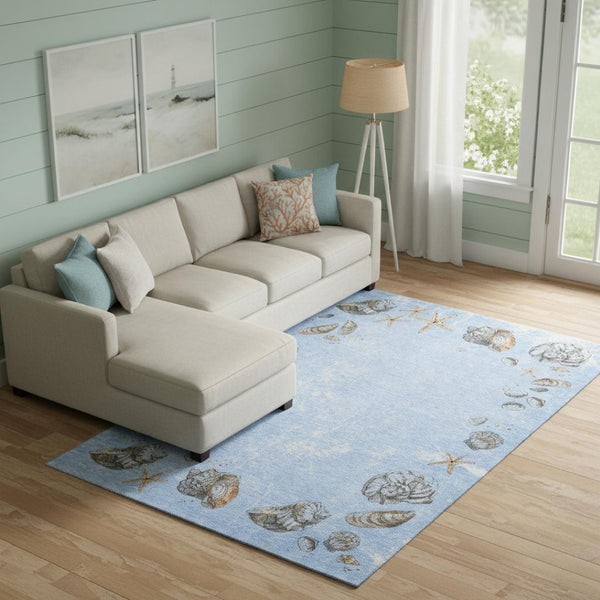HomeRoots 8' X 10' Stylish Blue Brown Ivory Geometric Area Rug - Washable, UV Protected, Perfect for High-Traffic Spaces 646071