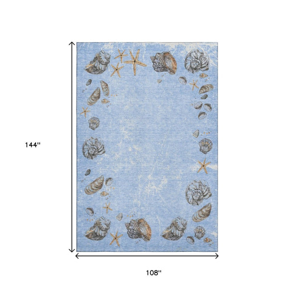 HomeRoots 9' X 12' Geometric Area Rug in Blue, Brown & Ivory - Washable, UV-Protected, Stain-Resistant Design! 646072