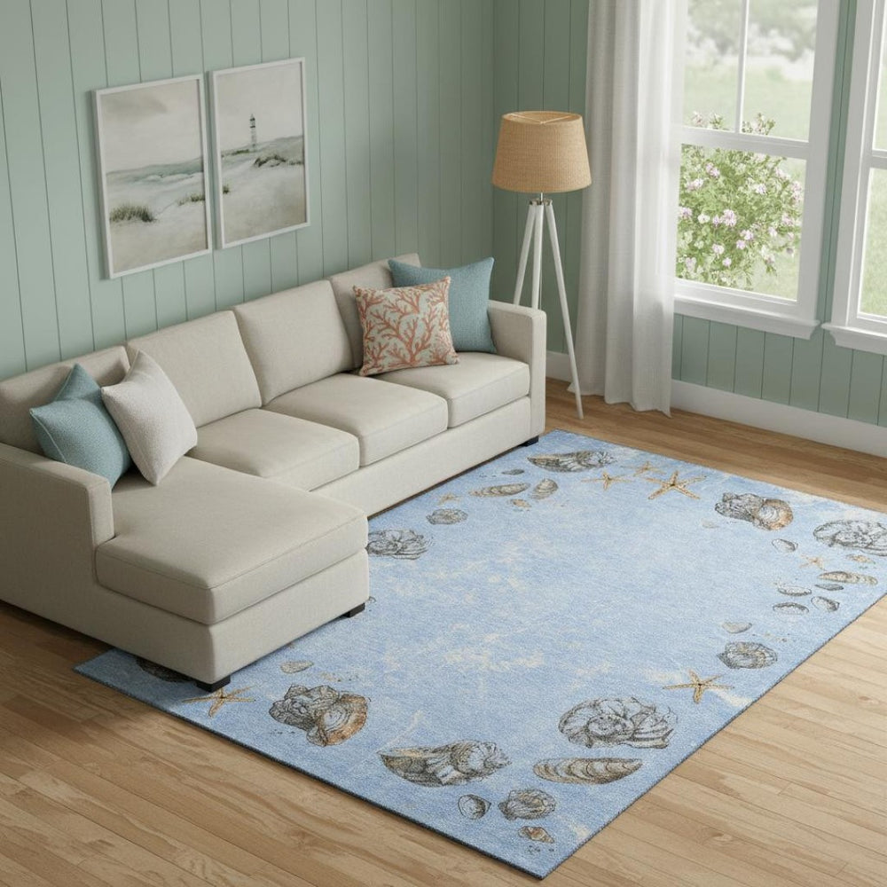 HomeRoots 9' X 12' Geometric Area Rug in Blue, Brown & Ivory - Washable, UV-Protected, Stain-Resistant Design! 646072