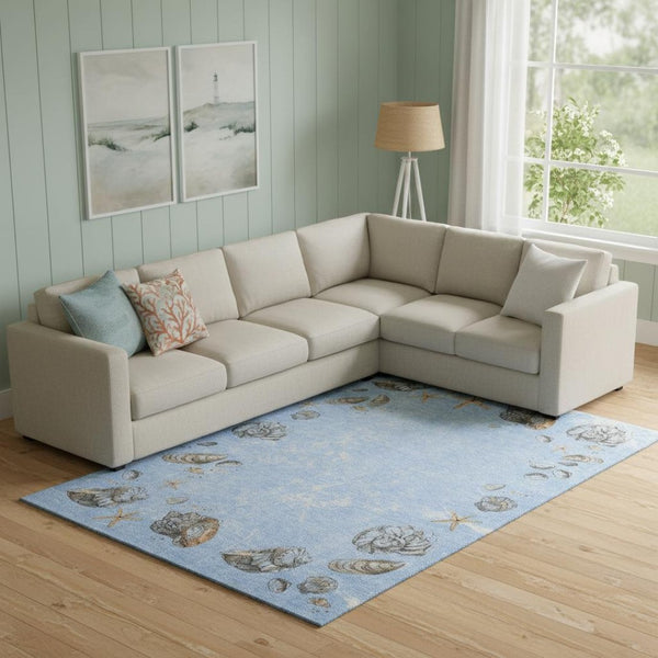 HomeRoots 10' X 14' Coastal-Inspired Geometric Area Rug in Blue, Brown & Ivory – Washable & UV-Protected! 646073