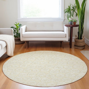 HomeRoots 8' Washable Round Rug with Sand and Ivory Geometric Design - UV Protected, Pet-Friendly & Durable! 646076