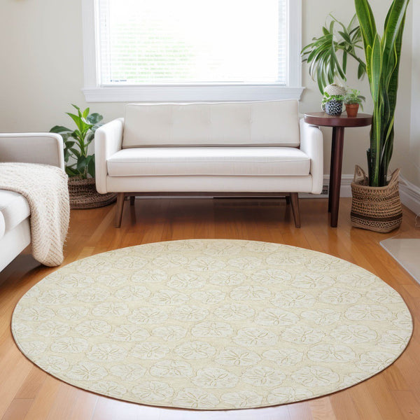HomeRoots 8' Washable Round Rug with Sand and Ivory Geometric Design - UV Protected, Pet-Friendly & Durable! 646076