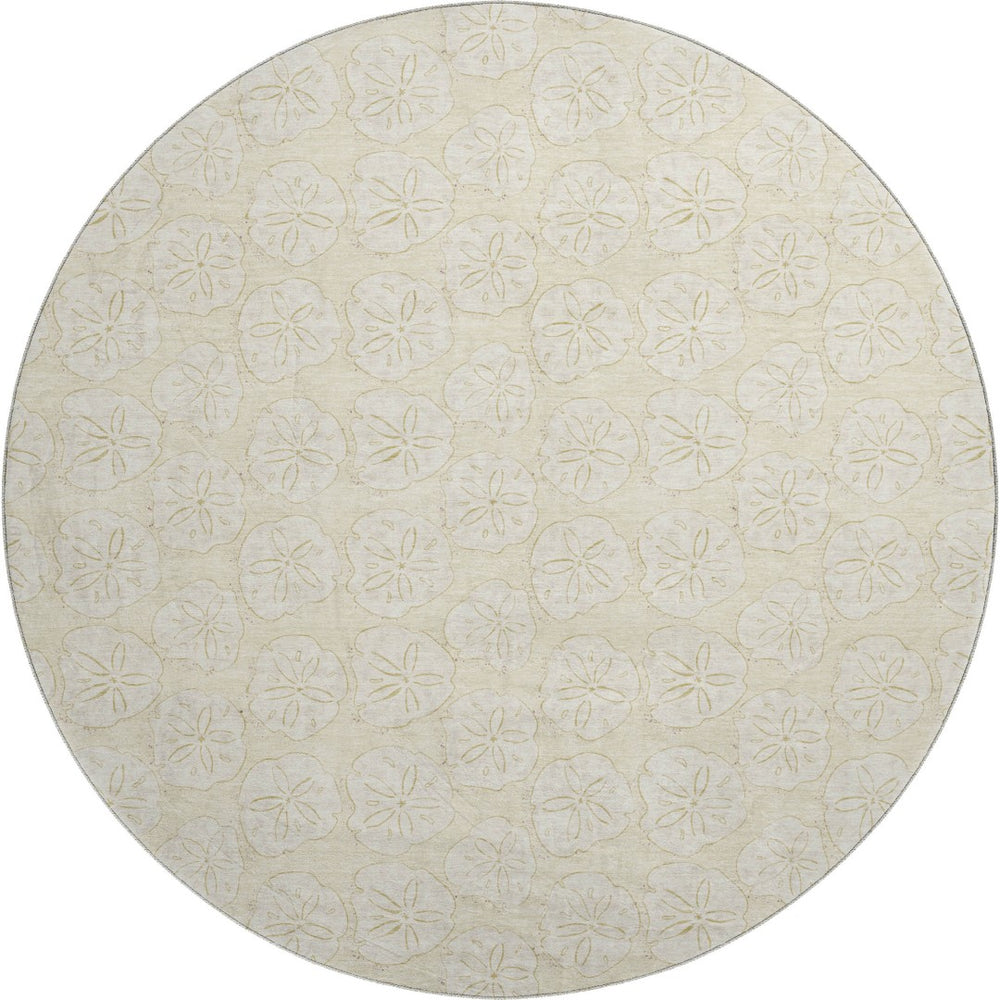 HomeRoots 8' Washable Round Rug with Sand and Ivory Geometric Design - UV Protected, Pet-Friendly & Durable! 646076