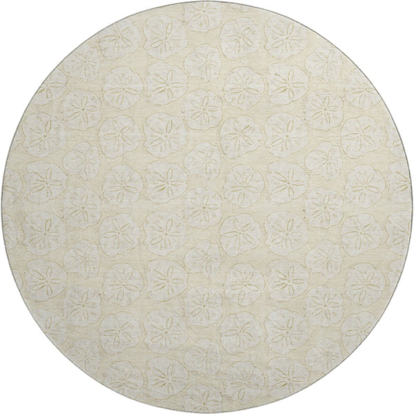 HomeRoots 8' Washable Round Rug with Sand and Ivory Geometric Design - UV Protected, Pet-Friendly & Durable! 646076