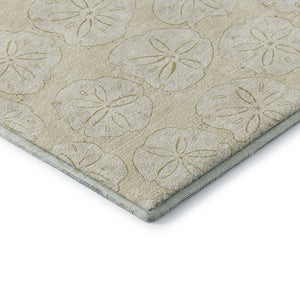 HomeRoots 8' Washable Round Rug with Sand and Ivory Geometric Design - UV Protected, Pet-Friendly & Durable! 646076