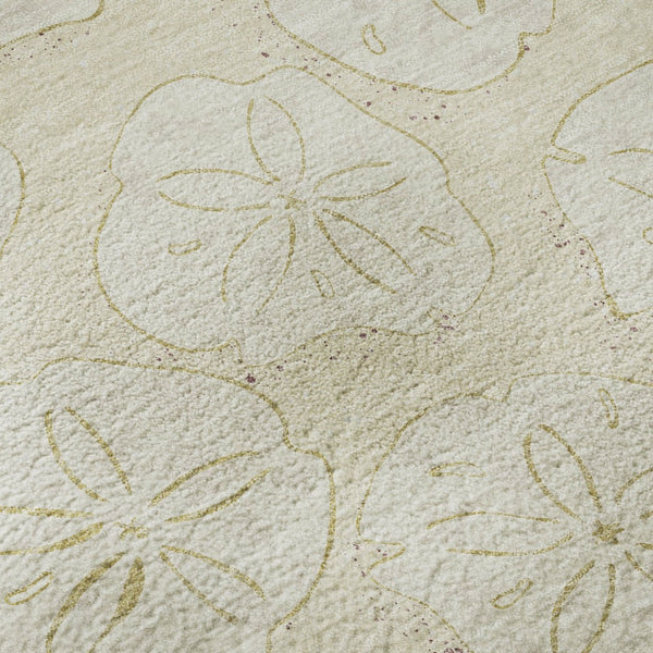 HomeRoots 8' Washable Round Rug with Sand and Ivory Geometric Design - UV Protected, Pet-Friendly & Durable! 646076