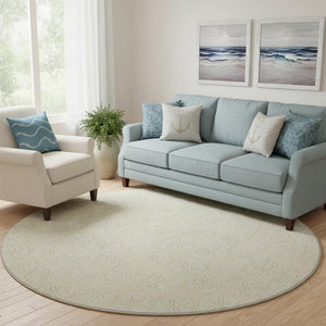 HomeRoots 8' Washable Round Rug with Sand and Ivory Geometric Design - UV Protected, Pet-Friendly & Durable! 646076