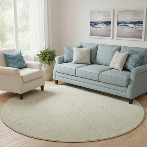 HomeRoots 8' Washable Round Rug with Sand and Ivory Geometric Design - UV Protected, Pet-Friendly & Durable! 646076