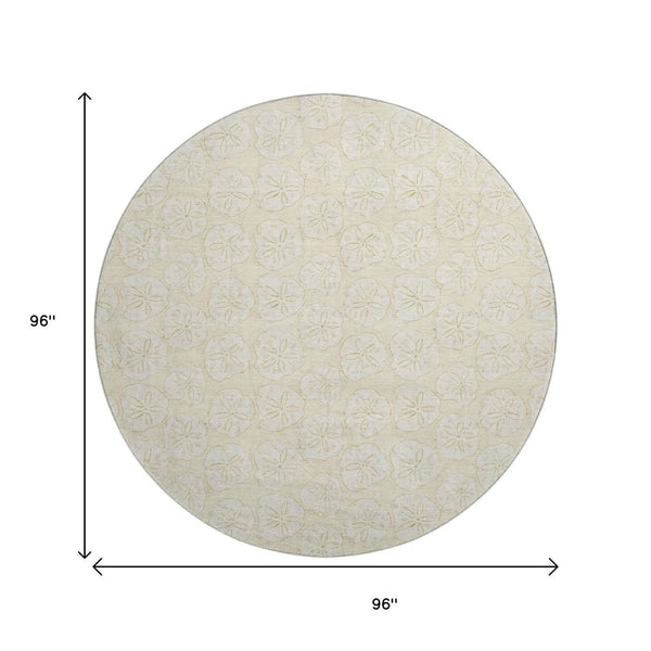 HomeRoots 8' Washable Round Rug with Sand and Ivory Geometric Design - UV Protected, Pet-Friendly & Durable! 646076