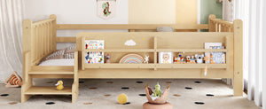 English Elm Twin Pine Floor Bed with Guardrails Built-in Bookcases and Stair Steps for Kids W1580P430186