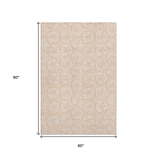 HomeRoots 5' Stylish Apricot & Ivory Geometric Area Rug – Washable, UV Protected, Stain Resistant for Homes 646081