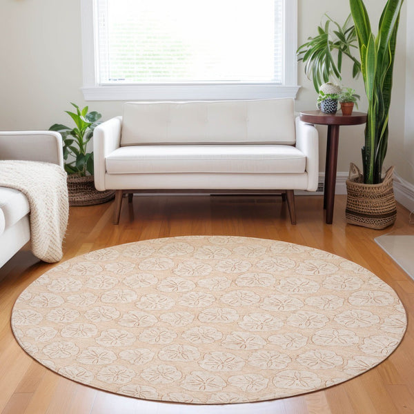 HomeRoots 8' Apricot and Ivory Geometric Round Rug - Washable, UV Protected, Stain-Resistant for Busy Homes 646082