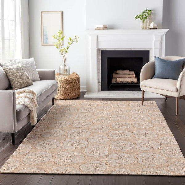 HomeRoots 10' Apricot and Ivory Geometric Area Rug - Washable, Stain Resistant, UV Protected for Modern Spaces 646085