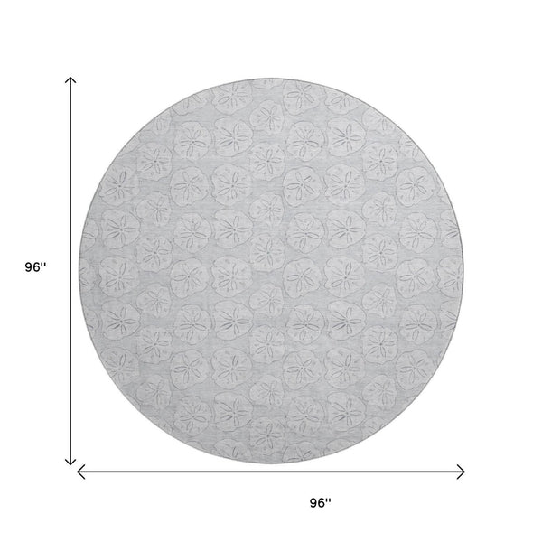 HomeRoots 8' Gray and Ivory Geometric Round Rug - Washable, UV-Protected, Durable for High-Traffic Areas 646088