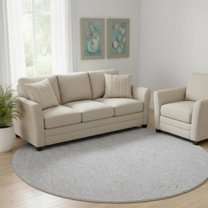 HomeRoots 8' Gray and Ivory Geometric Round Rug - Washable, UV-Protected, Durable for High-Traffic Areas 646088