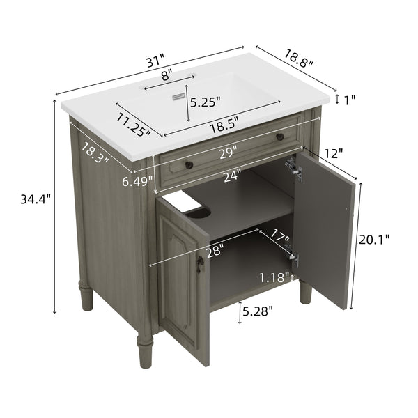 English Elm Christopher Knight Home® - 30 Inches Vintage Bathroom Vanity With Sink – Rustic Gray Cabinet, Soft-Close Doors & Ceramic Top N817P299472G