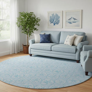 HomeRoots 8' Blue and Ivory Geometric Round Rug - Washable, UV-Protected, Durable for Family and Pets! 646094