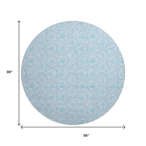 HomeRoots 8' Blue and Ivory Geometric Round Rug - Washable, UV-Protected, Durable for Family and Pets! 646094
